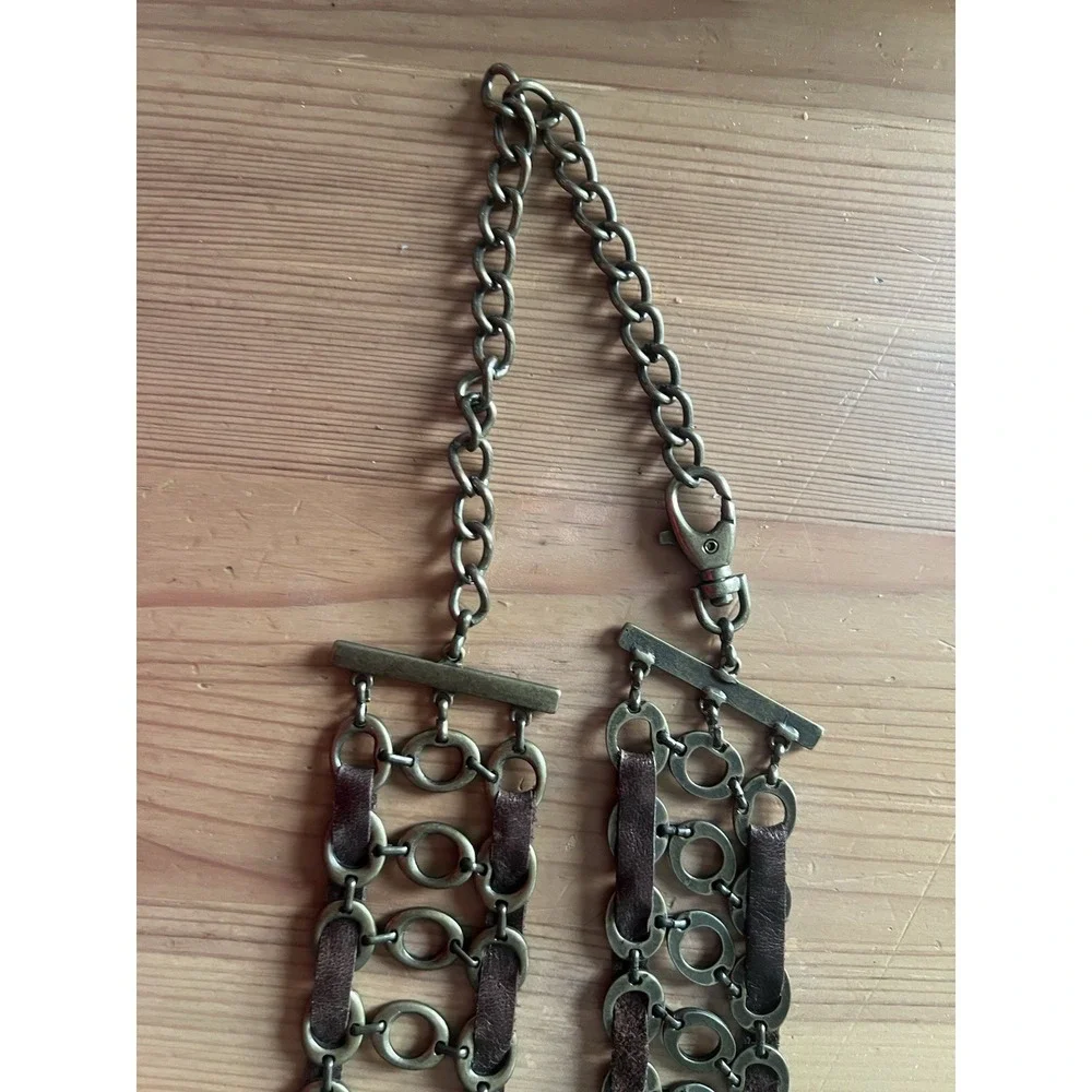 Vintage Brass & Brown Leather Chain Belt Adjustable Boho Hippie Festival 38